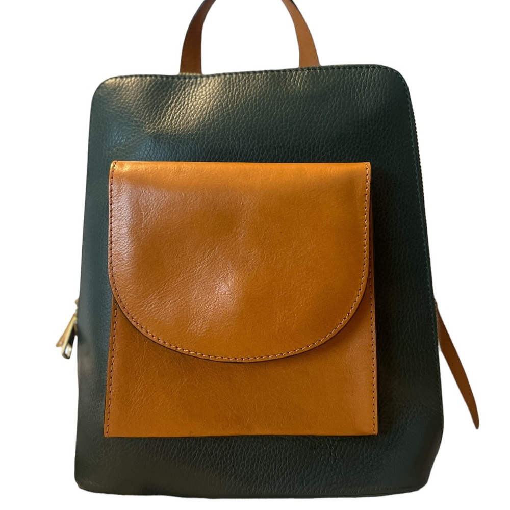 DIVINA FIRENZE, NWOT, ITALIAN LEATHER BACKPACK/CROSSBODY GREEN WITH BROWN TRIM